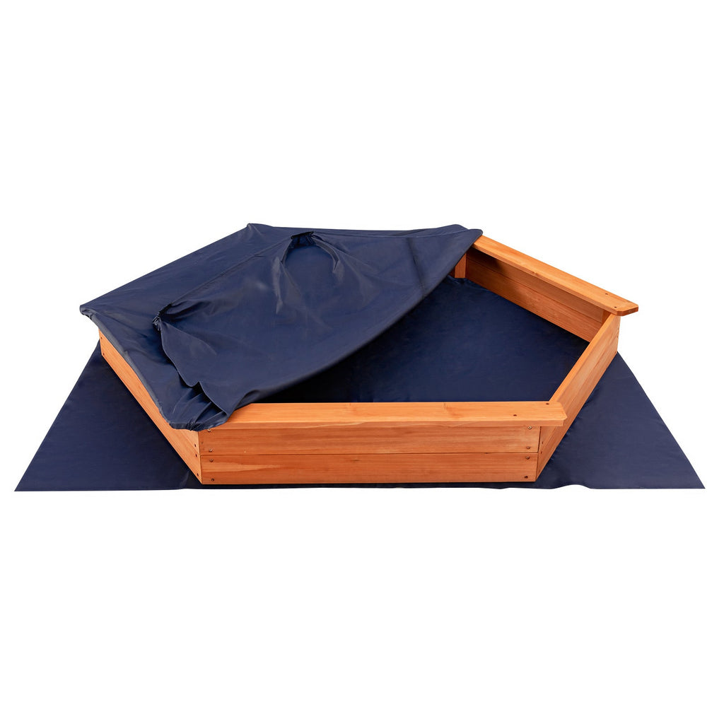Cedar Wood Hexagonal Kids Outdoor Sandbox with Lid Weatherproof Oxford Cover Three Benches Base Liner 73x64 Inch for Gardens Yards Beaches Fits 4 to 6 Kids Natural