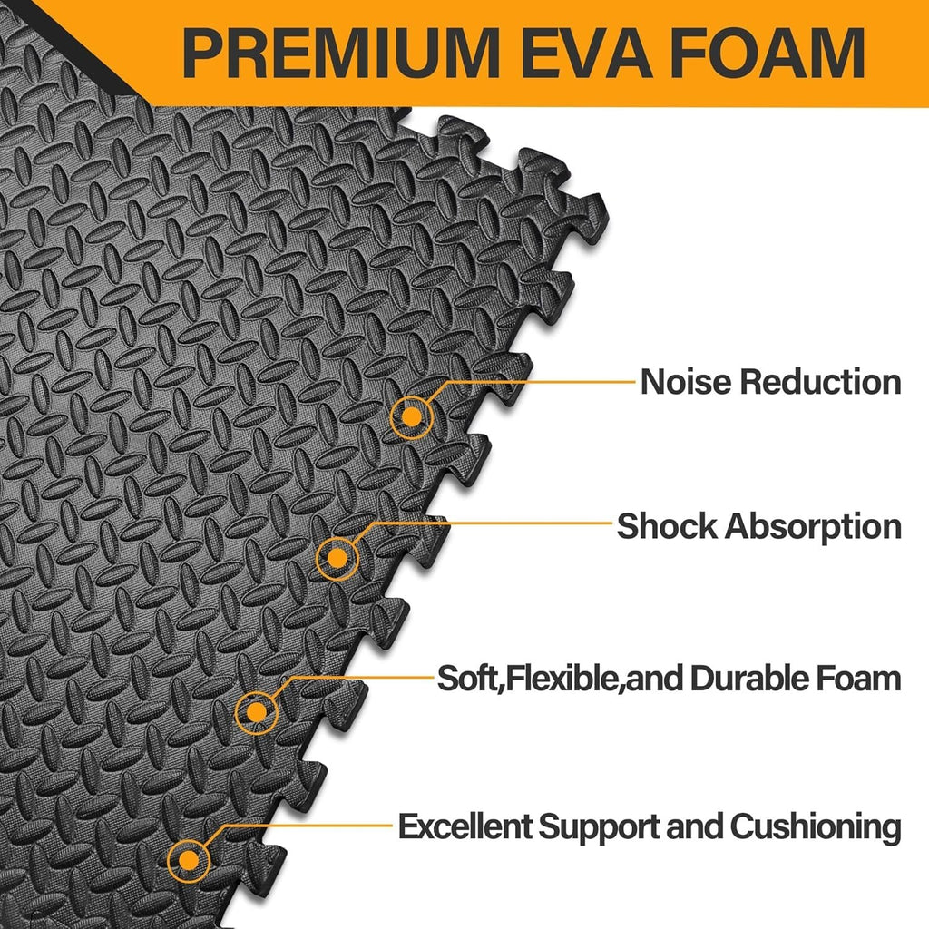 EVA Foam Puzzle Exercise Mat 24 SQFT 6-Tile Interlocking Floor Mat 24x24x0.5 Inch for Gym Garage Home Office Yoga Gymnastics Pilates Black