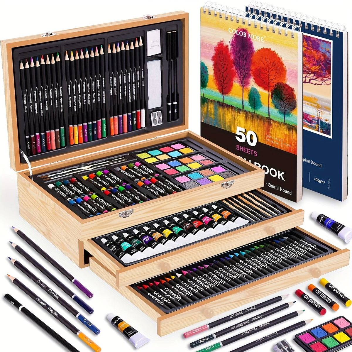 175-Piece Deluxe Art Set in Wooden Case – Complete Art Kit with Drawing Pads, Crayons, Acrylic Paints & Colored Pencils, Professional Artist Supplies Gift for Kids Teens Adults, All Occasions