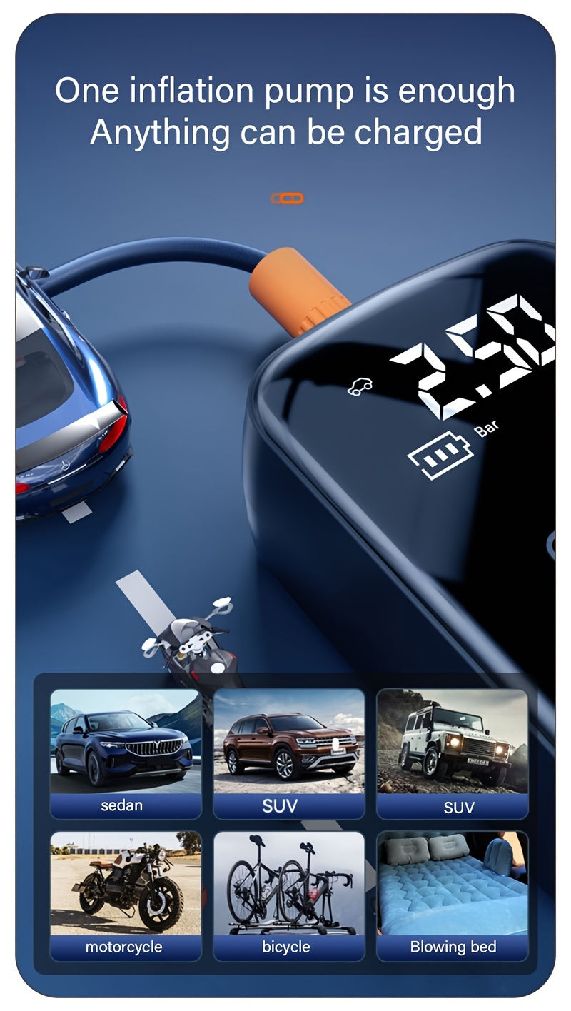 Portable Tire Inflator 100W Cordless Air Pump 4000mAh Battery 30-Second Inflation 5 Modes Digital PSI Display Type-C Charging LED Light Multi-Nozzle for Car Motorcycle Bicycle Ball