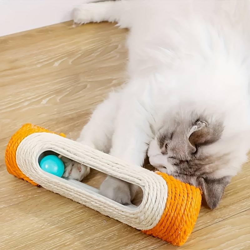 Sisal Rope Cat Scratch Toy - Long Drum Cat Scratcher with 3 Rolling Balls, Bite & Scratch Resistant Interactive Cat Toy for Indoor Cats, Keeps Cats Entertained & Protects Furniture