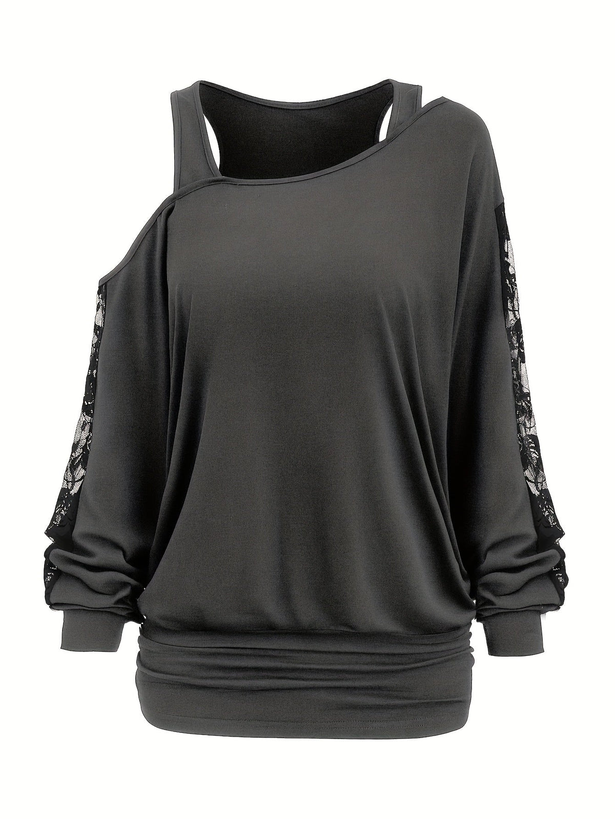 Lace Splicing Long Sleeve Top Women Casual Loose Knit Shirt Fall Winter Contrast Lace Panel Blouse Black Deep Red Olive Green Dark Gray S M L XL XXL