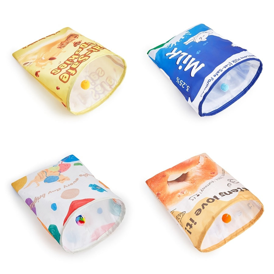 Cat Crinkle Paper Bag Rattle Tunnel Toy – Self-Entertainment Sensory Sounding Toy for Indoor Cats, Interactive Boredom Relief Puzzle Toy, 4 Fun Styles Including Snack Bag & Furry Ball Design