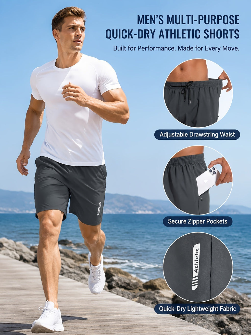 Men's Athletic Shorts 5-Pack – Quick-Dry Gym Workout & Basketball Shorts with Stretch Waistband & Side Zip Pocket, Lightweight Activewear for Running, Hiking & Casual Wear