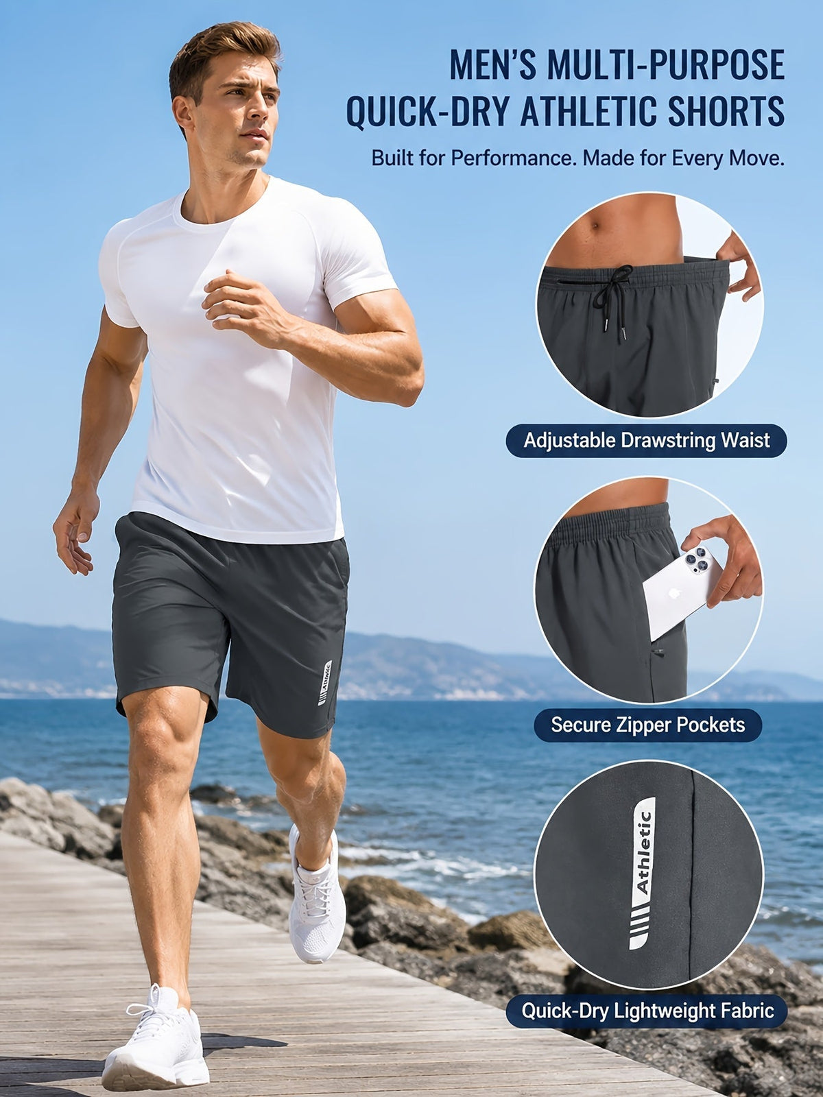 Men's Athletic Shorts 5-Pack – Quick-Dry Gym Workout & Basketball Shorts with Stretch Waistband & Side Zip Pocket, Lightweight Activewear for Running, Hiking & Casual Wear