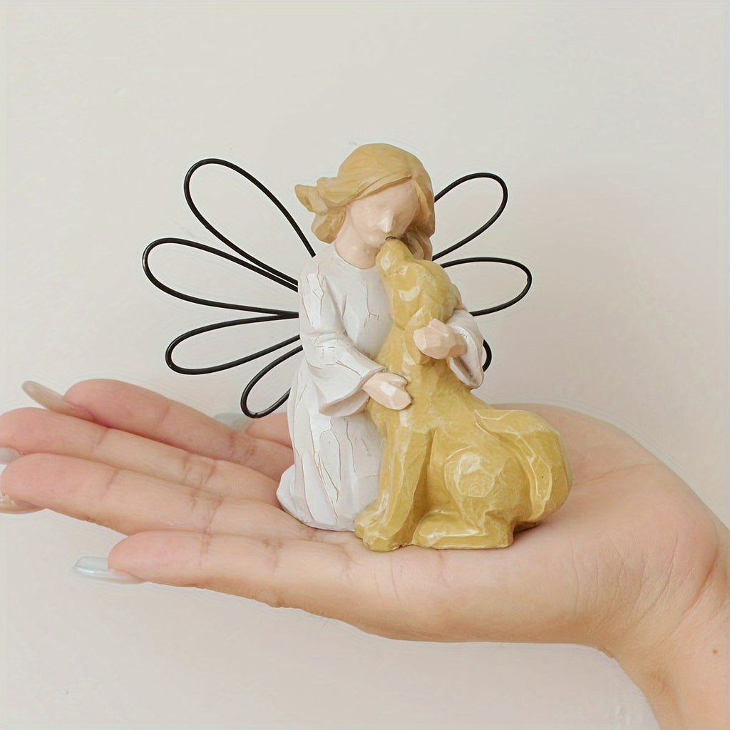 Angel Embracing Dog Memorial Resin Statue – Healing Pet Loss Figurine, Indoor Home Decor for Living Room, Dog Remembrance & Anniversary Gift – Wooden Carved Angel & Dog Design