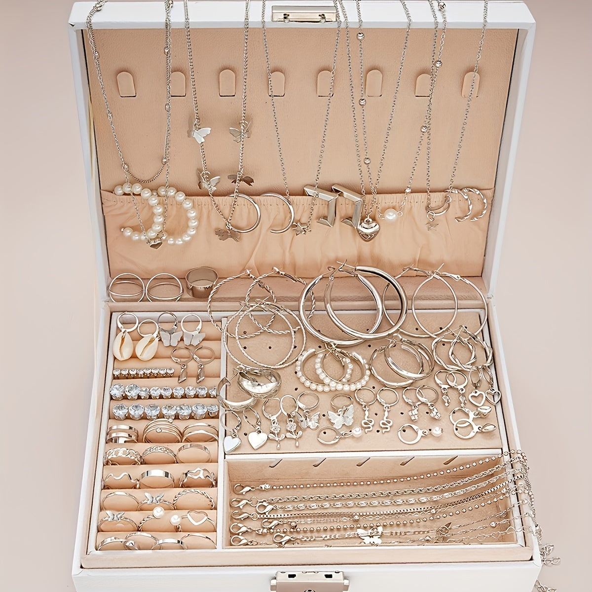 108pcs Women Jewelry Set Vintage Butterfly Heart Rhinestone Necklace Bracelet Anklet Ring Earrings Bundle Multi-Layer Chains Silver Fashion Jewelry Gift for Her