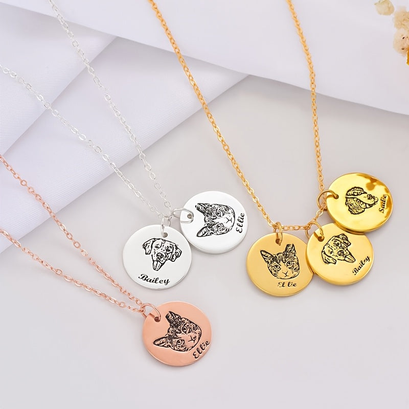 Personalized Pet Photo & Name Necklace - Custom Engraved Stainless Steel Circle Pendant for Pet Lovers, Handmade Dog Cat Memorial Jewelry Gift for Birthday Christmas, Gold & Rose Gold