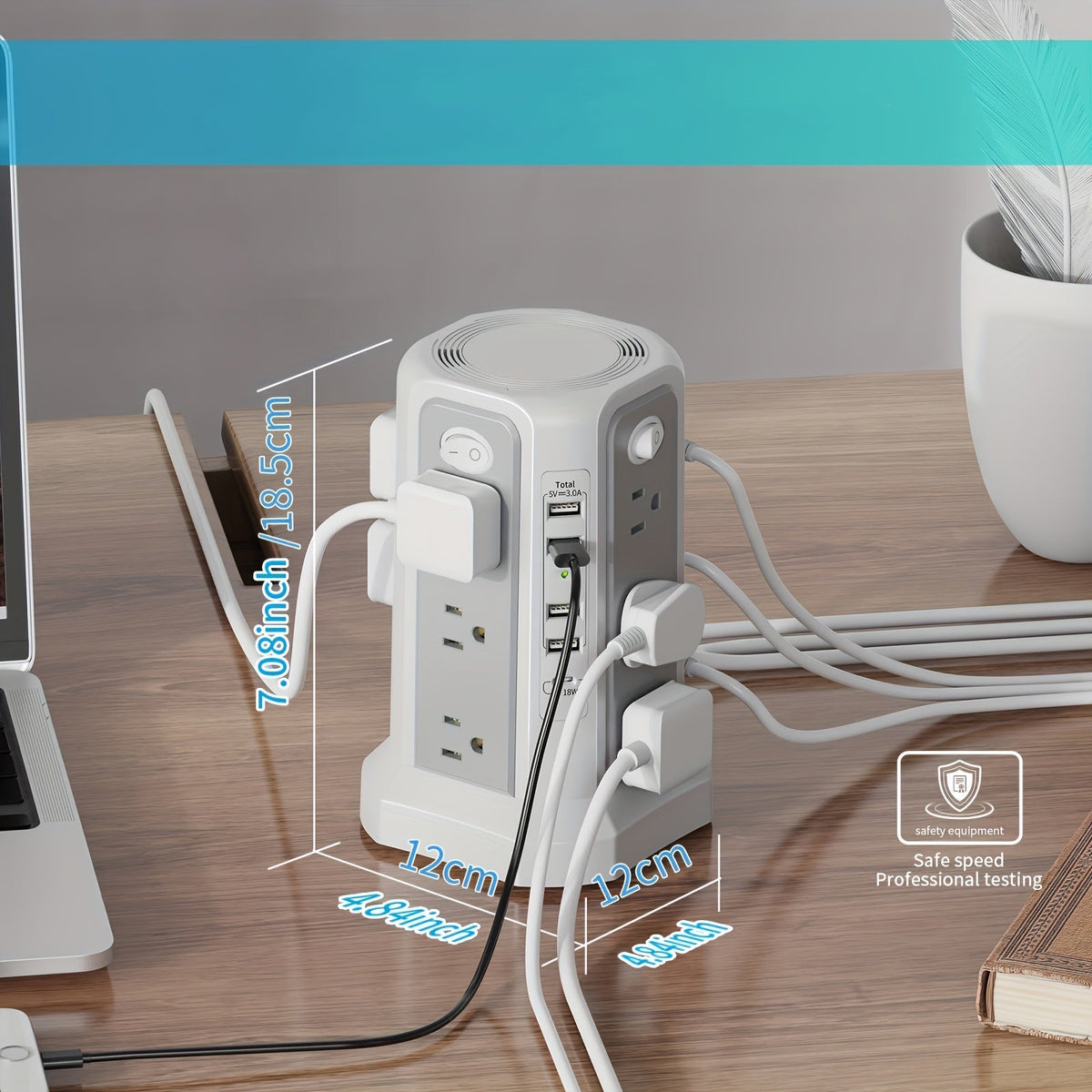 Tower Surge Protector Power Strip 12 AC Outlets 5 USB Ports PD 18W USB-C Fast Charging 10FT Extension Cord 1800J Surge Protection 4 Switches for Home Office Desk Dorm Room – Space-Saving Vertical Design