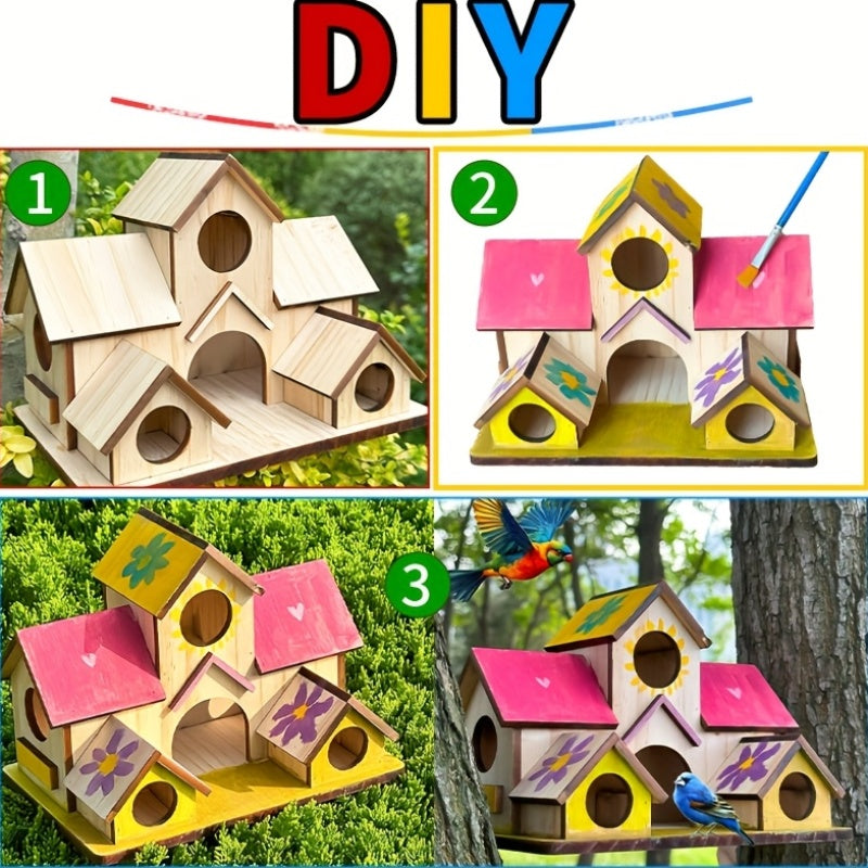 Rustic Wooden Birdhouse for Outdoor Garden - Villa-Style Multi-Level Multi-Compartment Hanging Bird Feeder & Nesting House - DIY Paintable Yard Decor to Attract Wild Birds - Primary/Wood Color