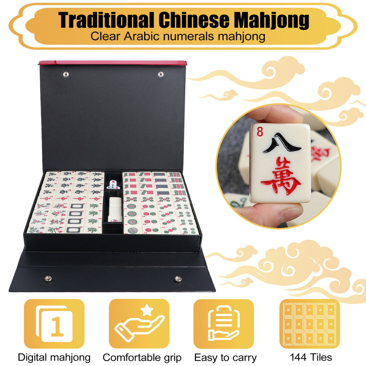 36mm Mahjong Set 146 Melamine Tiles with Carrying Case - Full Size 1.4 Inch Ivory White Tiles, Arabic Numerals, Dice, Wind Suit & Instructions, Family Game Night Gift for Adults