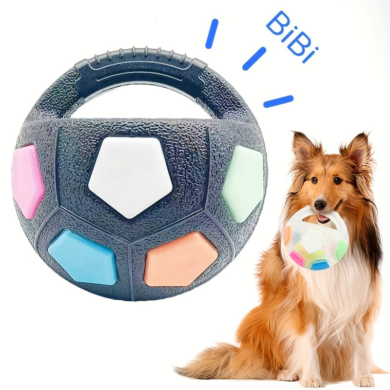 Soccer Ball Dog Toy with Squeaker & Carrying Handle - Durable TPR Interactive Dog Ball for All Sizes, 5.5 Inch Bouncy Fetch & Dribble Pet Toy for Indoor Outdoor Play