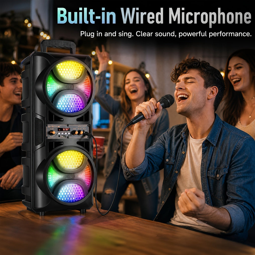 Portable Wireless PA Speaker System with Wired Microphone & RGB Lights – 6.5" Dual Woofer or 8" Subwoofer, FM Radio, USB/SD, Rolling Wheels for Party, DJ, Wedding & Meetings
