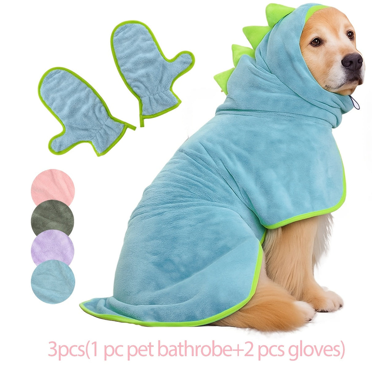 Microfiber Pet Bathrobe Set with Drying Gloves for Dogs & Cats - Super Soft Fast Drying Dog Bath Robe Adjustable Towel Wrap for Cold Weather Beach Pool (1 Robe + 2 Gloves)