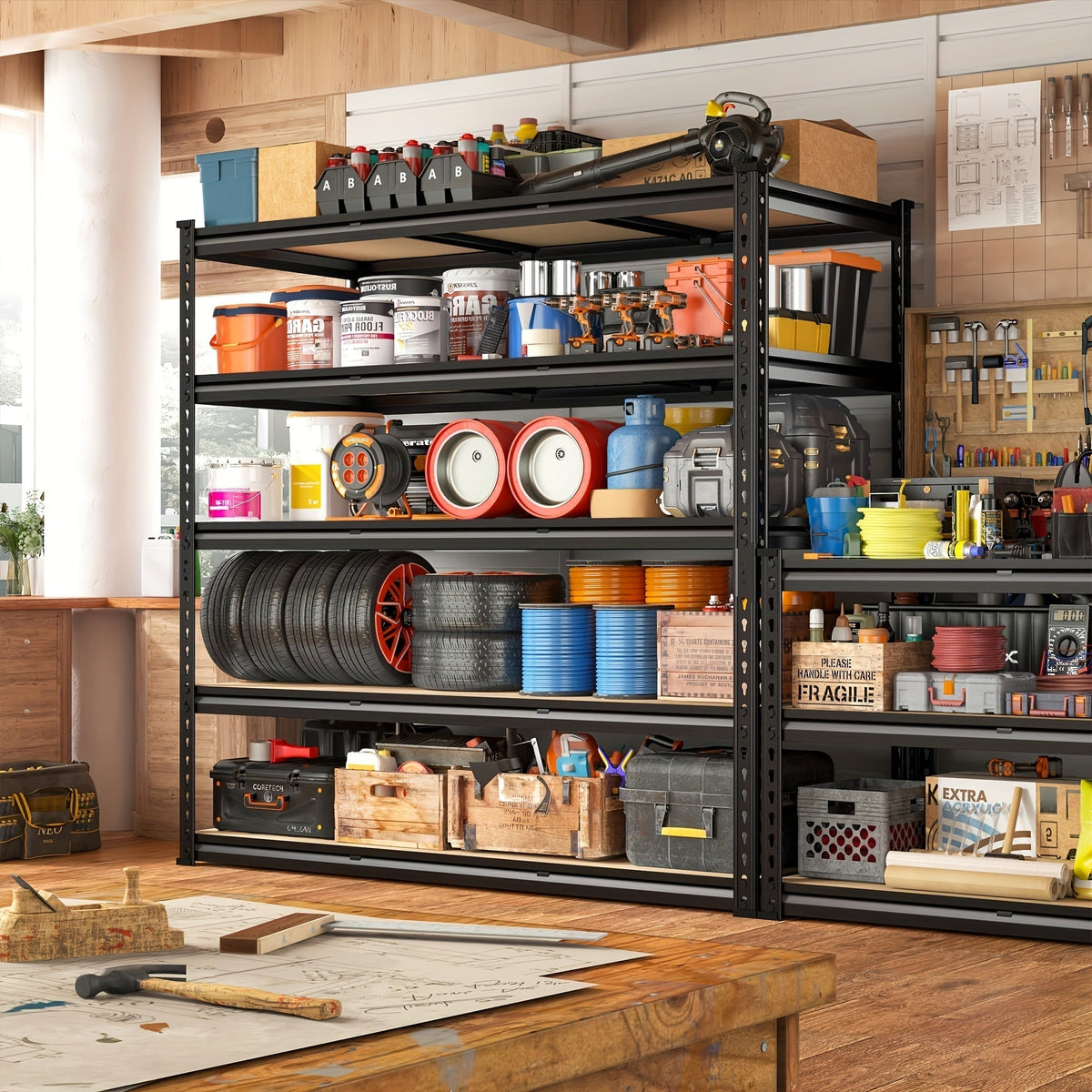 Heavy Duty 5-Tier Metal Garage Shelving Unit 2000 LBS – Adjustable Steel Storage Shelf Rack 60–72 Inch for Garage, Basement, Pantry, Kitchen & Warehouse, Tool-Free Assembly, Black