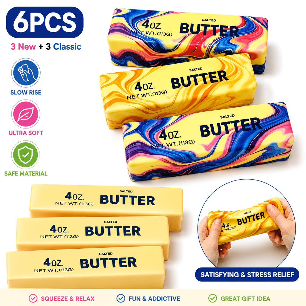 6pcs Butter Stick Squishy Toys Ultra Soft Slow Rising Food Shaped Sensory Fidget Toys for Stress Anxiety Relief Kids Teens Adults Party Favors Classroom Prizes Birthday Holiday Gifts – 3 Classic + 3 New Styles