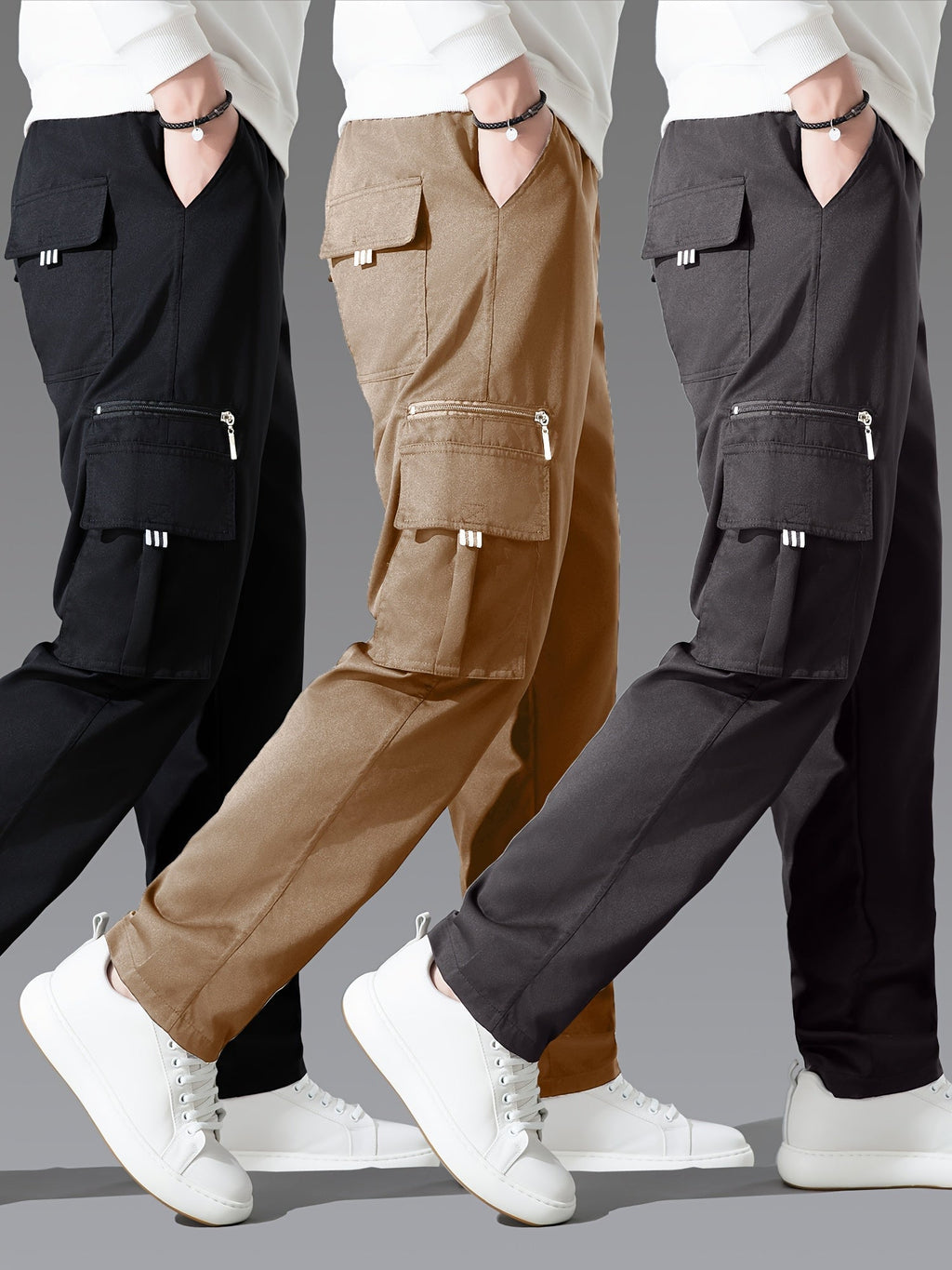 Men's Cargo Pants 3-Pack Multi-Pocket Regular Fit – Solid Color Polyester Woven Hiking Outdoor Pants for Spring & Fall, Sizes S-XXXL, 9 Color Combos