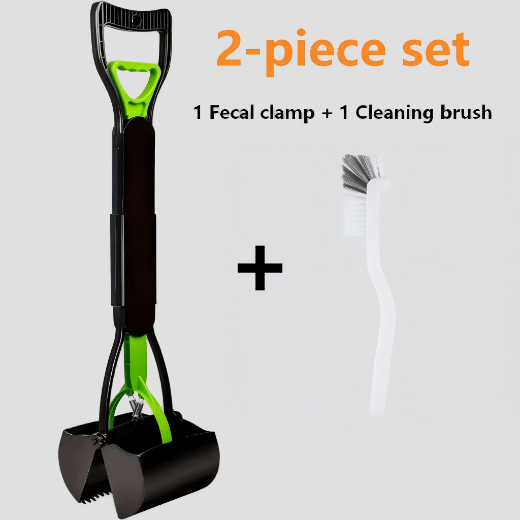 Portable Foldable Dog Poop Scooper with Cleaning Brush - Strong Serrated Clamp Waste Grabber for Yards Lawns & Gravel, No-Dead-Angle Pet Waste Pickup Tool, High-Strength Durable Design