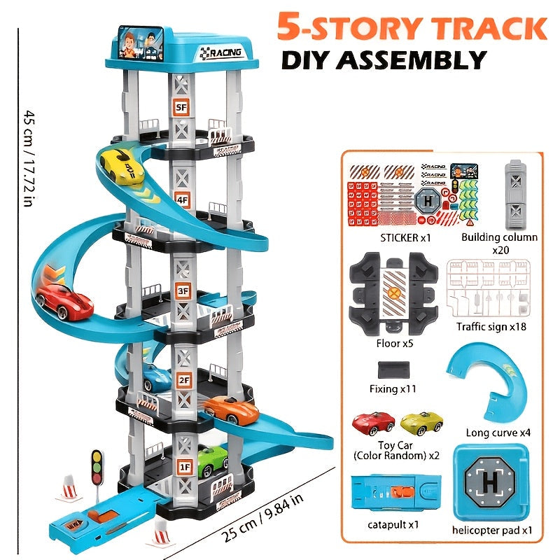 62pcs 5-Story Parking Garage 3D Multi-Layer Racing Track Set with 2 Cars Ejection Launchers Drift Tracks Helipad Gas Station Assembly STEM Toy for Kids Boys Birthday New Year Gift