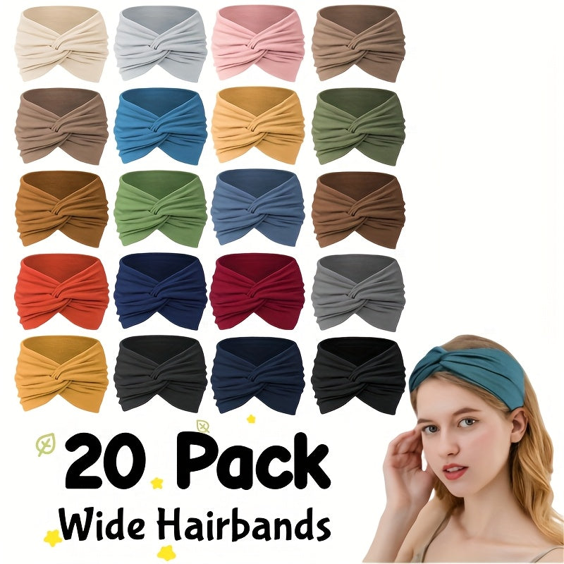 20 Pack Wide Moisture-Wicking Headbands for Women and Men Elastic Sweatband for Yoga Running Cycling Fitness Basketball Bohemian Solid Color Hair Accessories