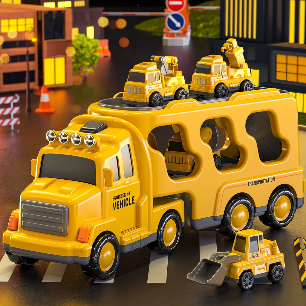 5-in-1 Engineering Vehicle Toy Set for Kids Ages 2+ - Friction Power Construction Trucks Playset with Transport Vehicle, Toddler Boys Gift for Birthday Christmas, Random Accessory Colors