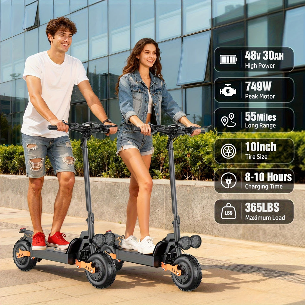 GT28 749W Electric Scooter for Adults, 48V 30Ah Battery 60-Mile Range, 5-Speed Settings, 10-Inch Off-Road Tires, 365 Lbs Load, 19.9 MPH Max Speed, Heavy-Duty Foldable Commuter E-Scooter