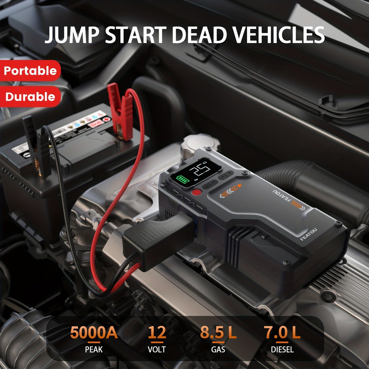 7000A Portable Jump Starter with Air Compressor – 5000A/7000A Peak Battery Pack with 150PSI Digital Tire Inflator, Fits 10L Gas & 2.38gal Diesel, Fast USB Charging & LED Emergency Light