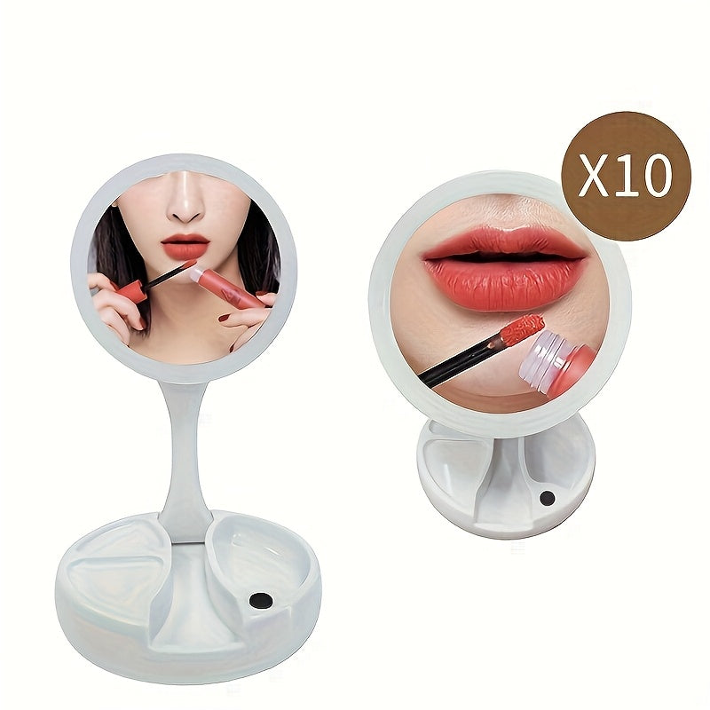 LED Makeup Mirror with 10X Magnification – Double Sided Lighted Vanity Mirror, Bright LED, USB & Battery Powered, Travel-Friendly Table Mirror for Bathroom, Bedroom & Dressing Table