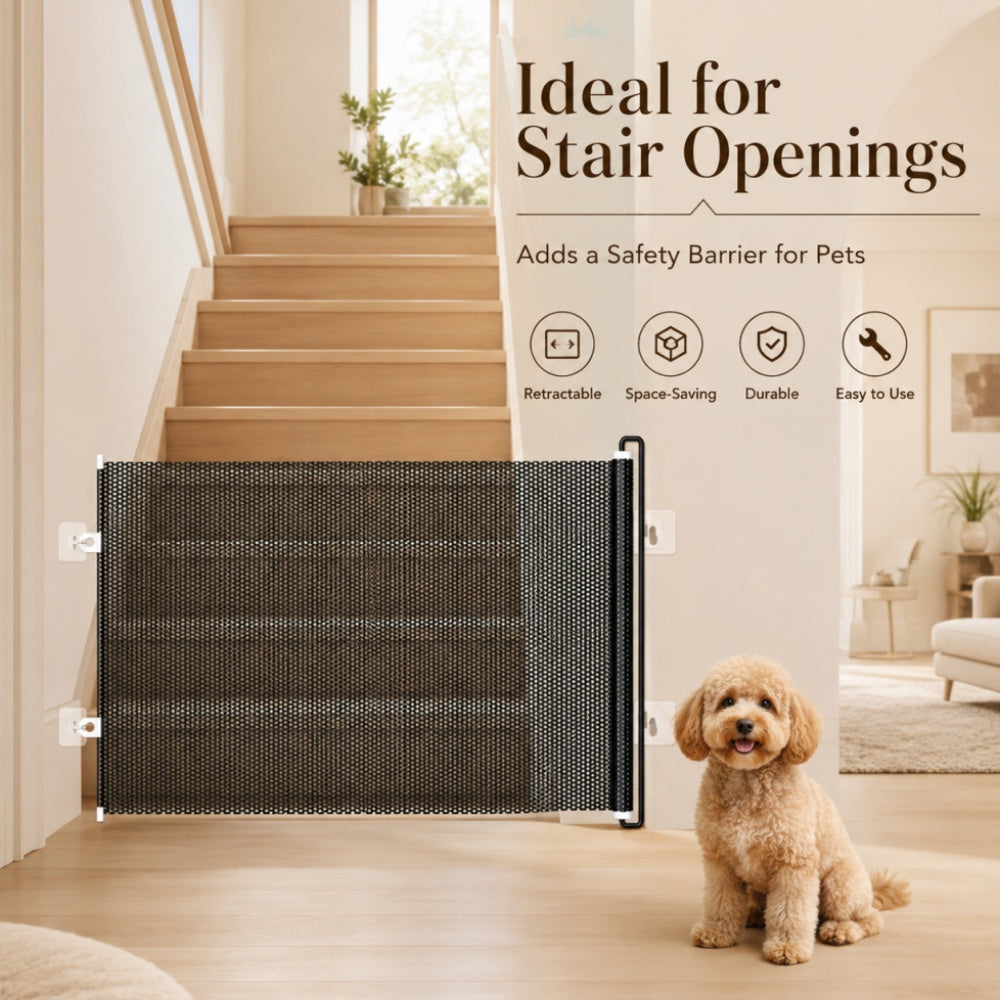 Retractable Pet Gate with Double Lock – Adjustable Mesh Safety Barrier for Doorways, Hallways & Stairs, Hardware Mounted Dog & Cat Gate, Black