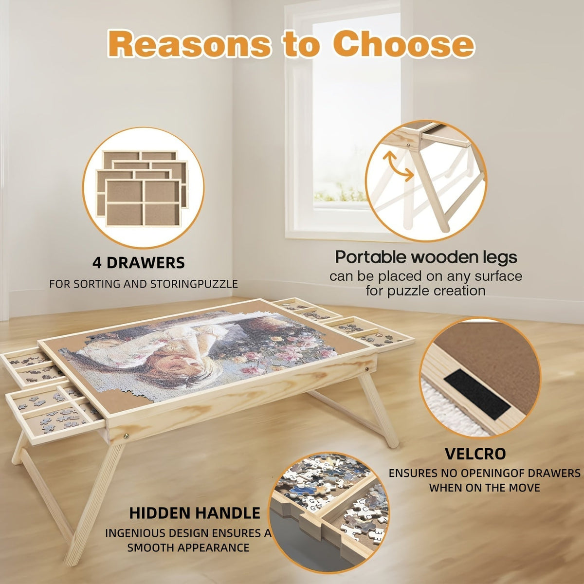 Wooden Puzzle Table with Folding Legs – 4 Drawers & 16 Sorting Grids for 1000 Piece Puzzles | Portable Puzzle Board for Storage & Organization, Home & School Supplies