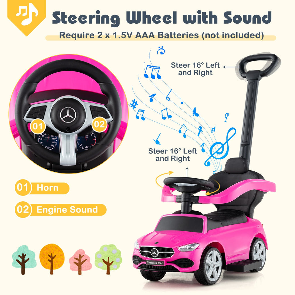 Mercedes-Benz Licensed 3-in-1 Ride-On Push Car for Toddlers 18-36 Months, Kids Sliding Car with Steering Wheel Sound, Push Bar, Adjustable Canopy & Under-Seat Storage - Pink Baby Walker Stroller Gift