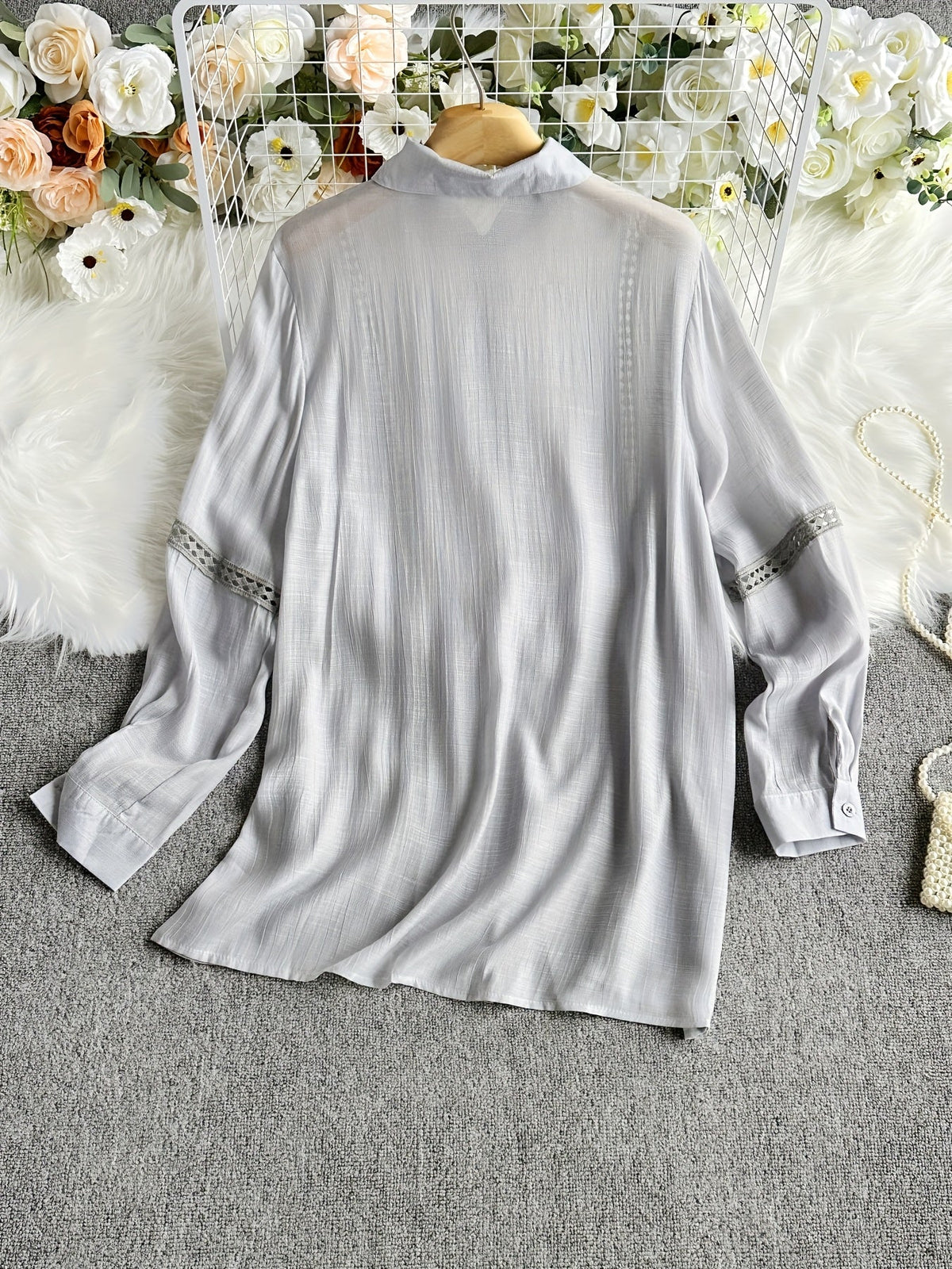 Women's Lace Patchwork Button-Up Long Sleeve Shirt Elegant Semi-Sheer Blouse White XS S M L XL XXL Vacation Date Office Fashion Top