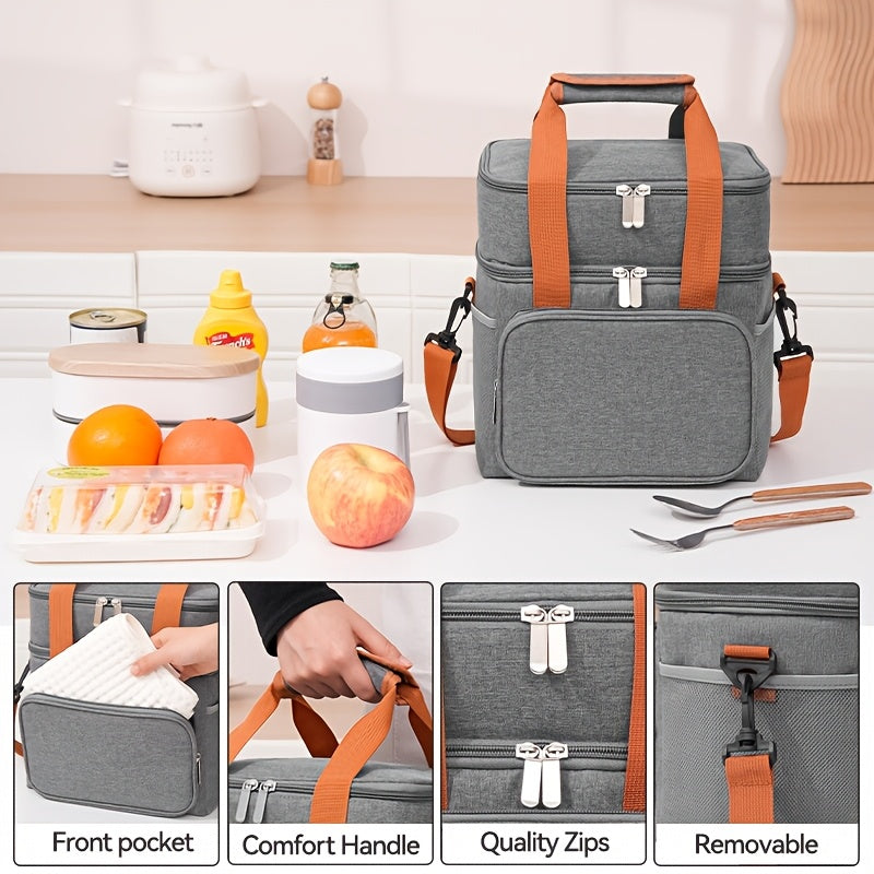 Insulated Lunch Bag Expandable Double-Layer Leakproof Cooler Tote with Adjustable Shoulder Strap, Durable Lunch Box for Work Office Picnic & Beach, Lightweight Thermal Bag for Men and Women
