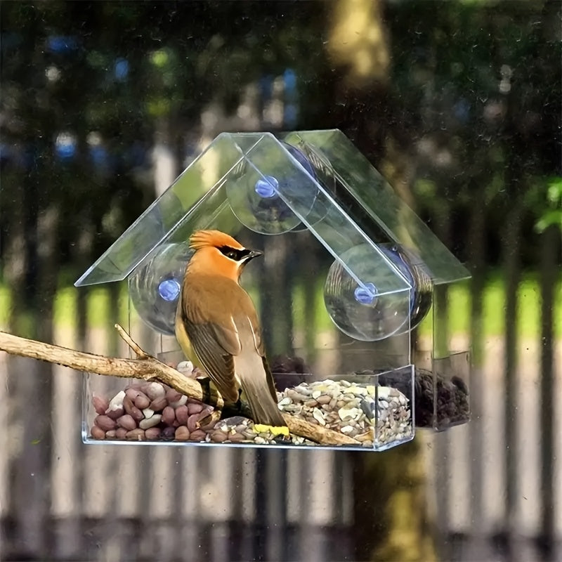 Clear Acrylic Bird Feeder with Strong Suction Cups for Windows - Durable PP Material All Season Indoor Outdoor Hanging Seed Dispenser for Wild Bird Watching Gift