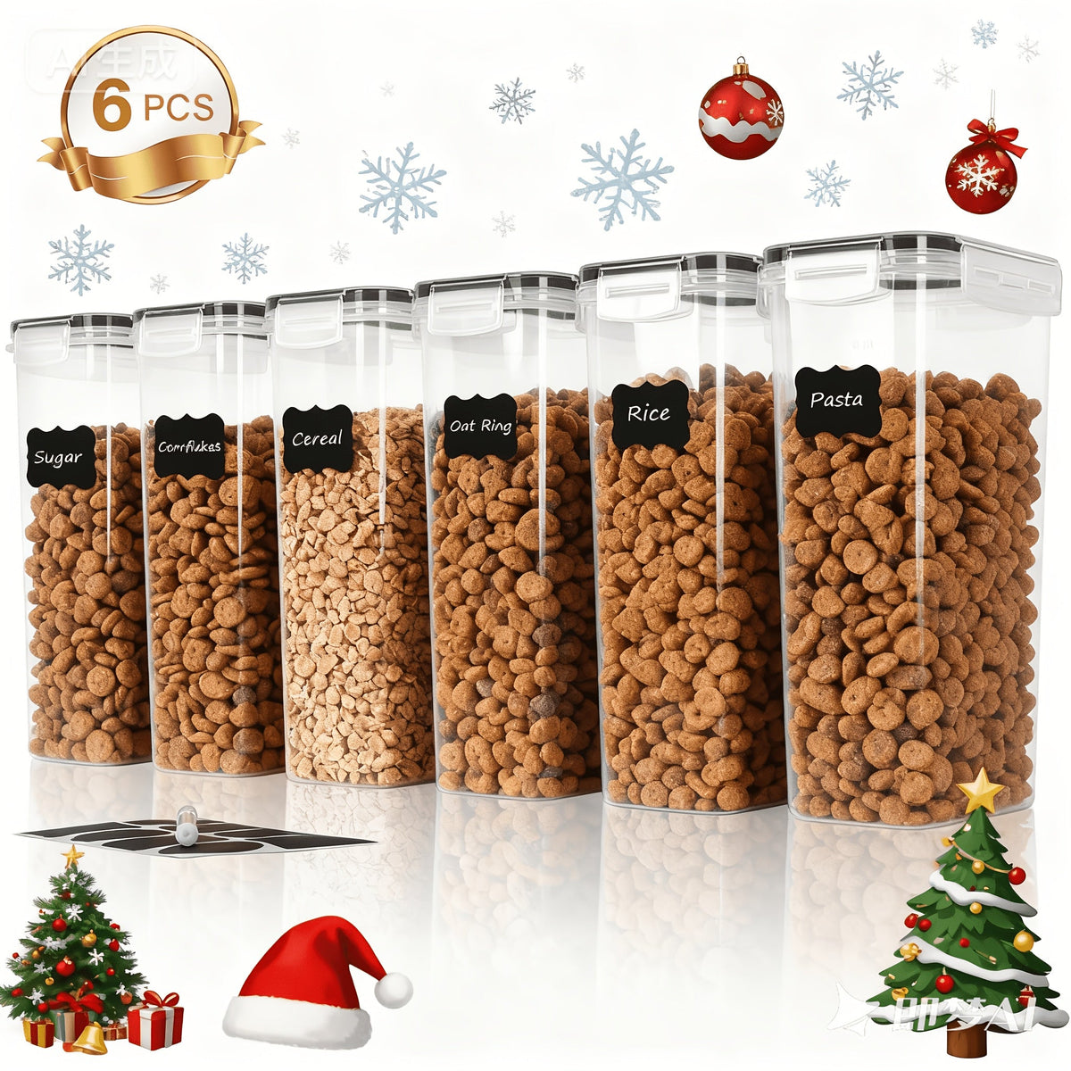 Airtight Pet Food Storage Containers 6-Pack – 2.4L/81oz BPA-Free Plastic Dog & Cat Food Storage Bins with Lids, Reusable Labels & Marker Pen Included, Pantry & Kitchen Organizer Set, Black