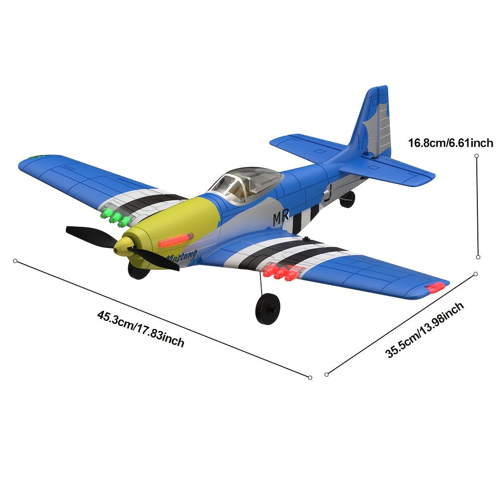 P51 Mustang RC Plane 4-Channel Ready-to-Fly Fighter Jet with 6-Axis Gyroscope, 3D Aerobatic Mode, LED Lights, 2.4GHz Remote Control Electric Airplane – RTF Beginner RC Fixed Wing with 2 Batteries