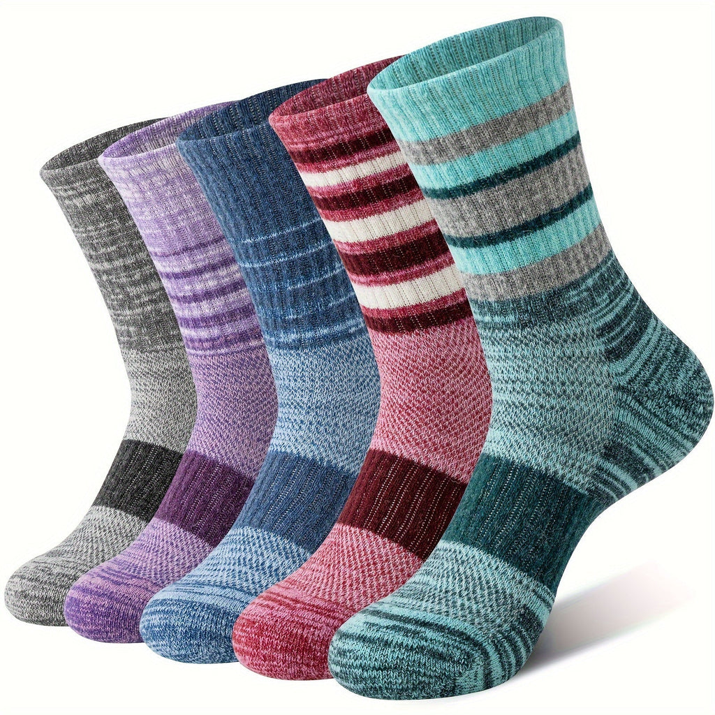 5 Pairs Merino Wool Hiking Socks for Men & Women – Compression Support, Thick Cushion, Sweat-Absorbing Breathable Outdoor Socks – Multicolor & Dark Colors, Sizes M & L