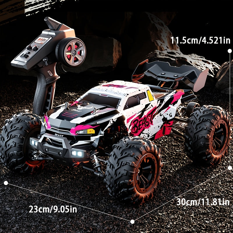 80KM/H 4WD RC Off-Road Truck - Full Proportional Control, Metal Gears & Differential, Independent Suspension, LED Lights, Wheelie Bar, All-Terrain Professional RC Car - Pink
