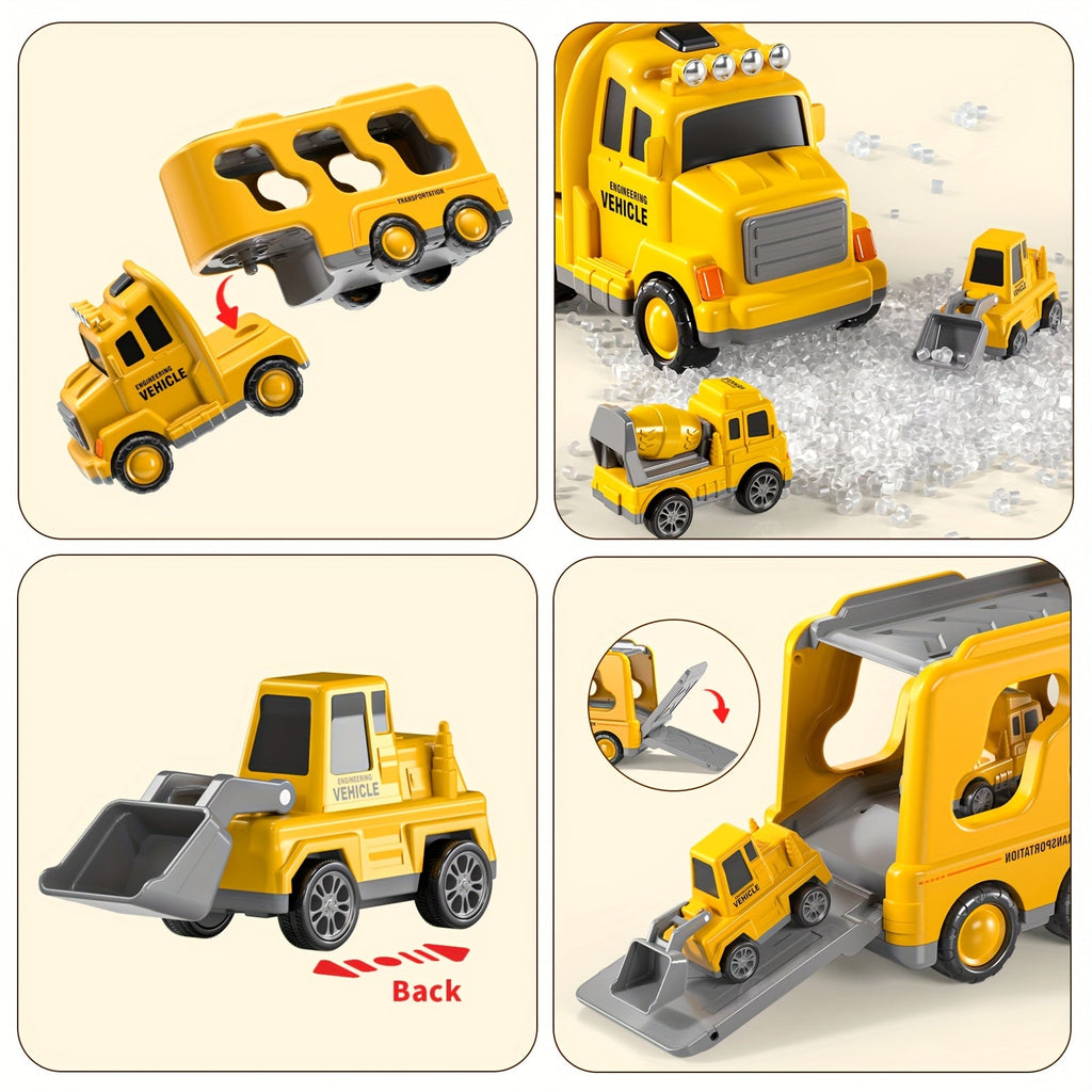 5-in-1 Engineering Vehicle Toy Set for Kids Ages 2+ - Friction Power Construction Trucks Playset with Transport Vehicle, Toddler Boys Gift for Birthday Christmas, Random Accessory Colors