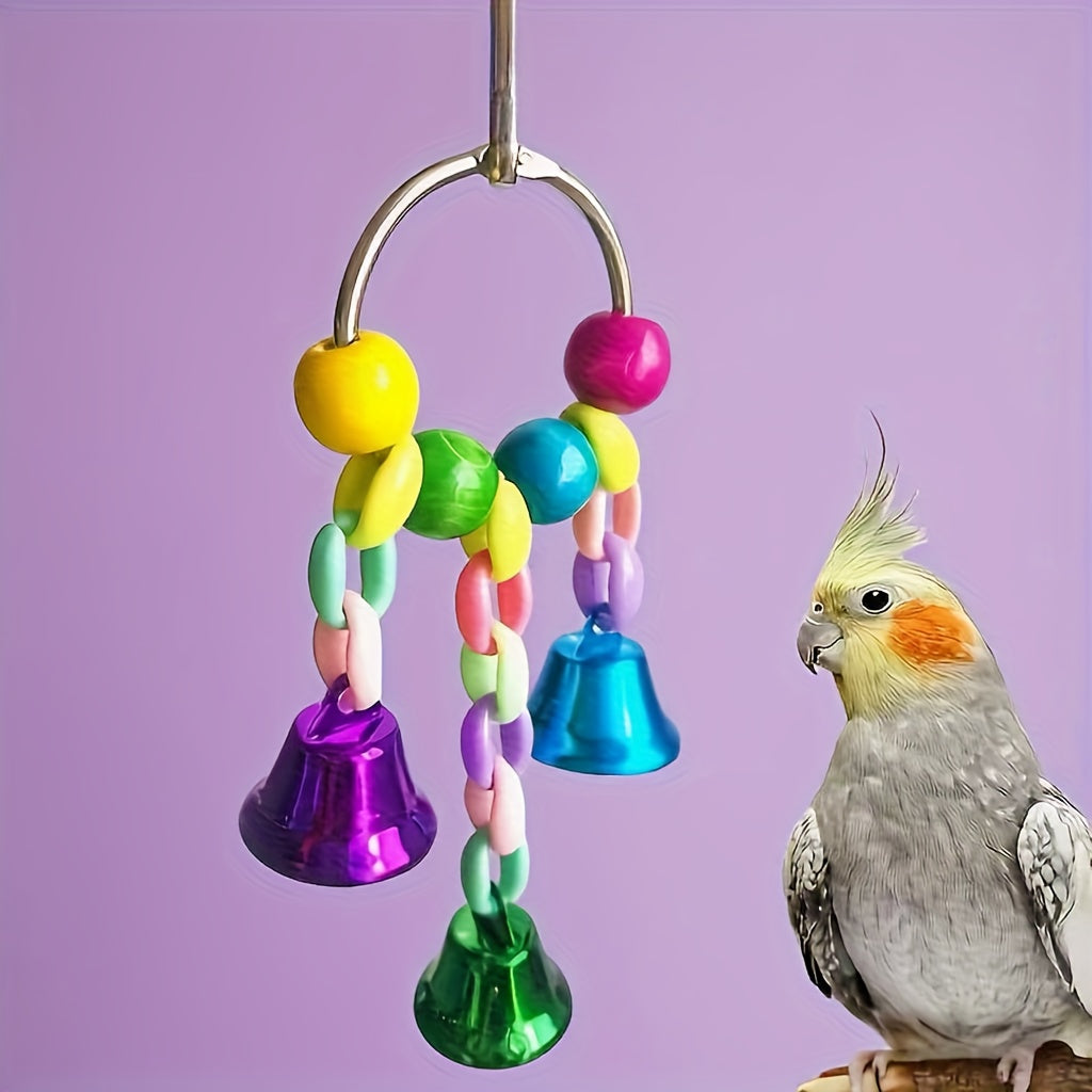 Parrot Colorful Bead & Bell String Chew Toy - Interactive Bird Foraging Chain Toy for Boredom Relief & Intelligence Development - Bird Cage Toy for Parrots Parakeets Cockatiels Budgies Random Color