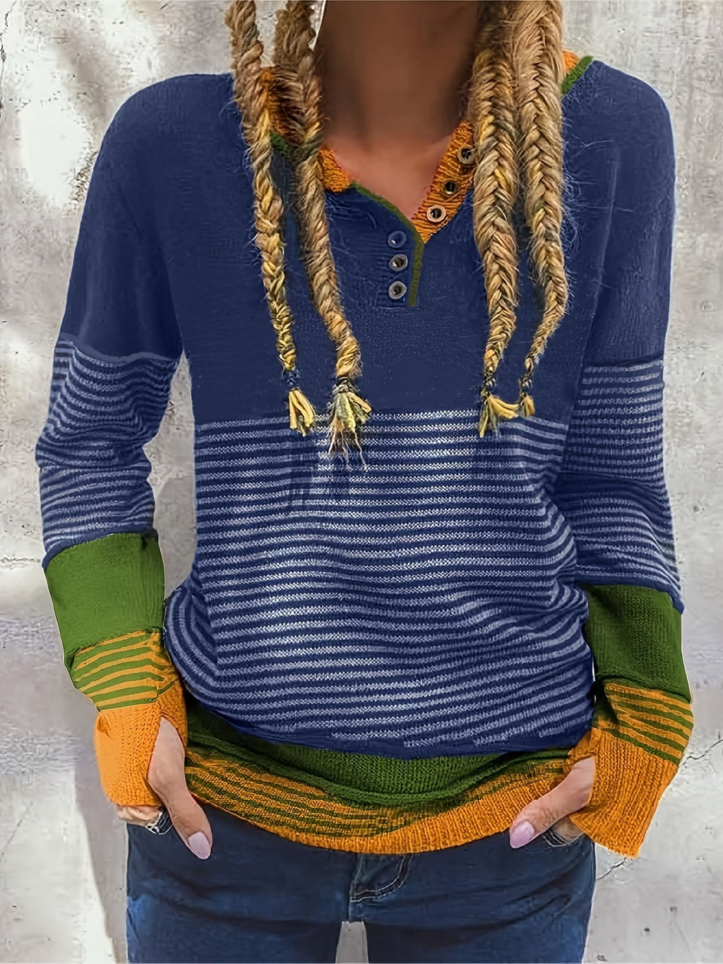 Women's Y2K Striped Color Block Pullover Sweater Crew Neck Button Detail | Casual Fall Winter Asymmetrical Knit Top Navy S M L XL XXL
