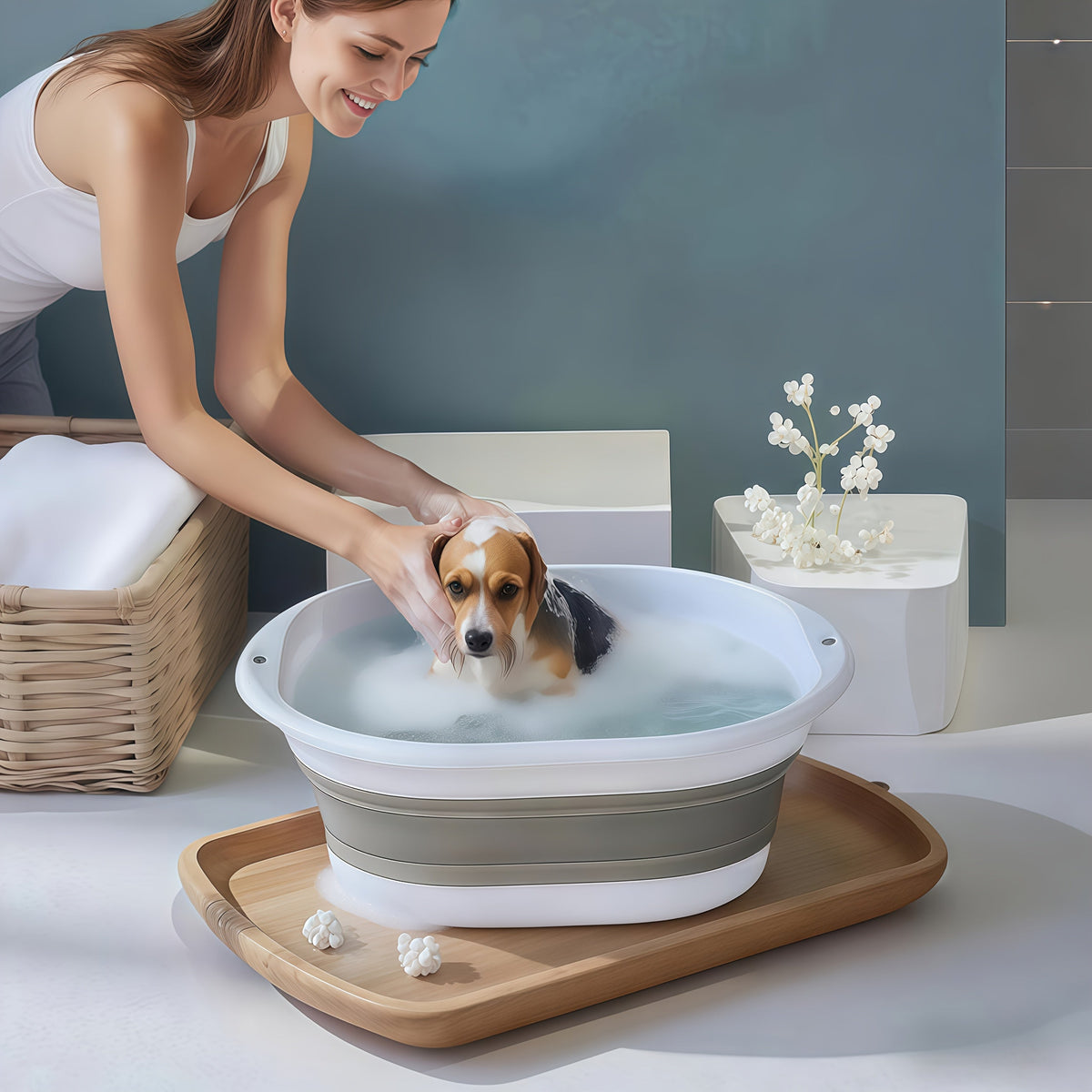 Collapsible Pet Bathtub with Grooming Brush Set – Portable Foldable Dog Cat Bath Tub for Small Pets, Travel & Camping Ready, Multi-Purpose Washing Basin for Home & Outdoor Use
