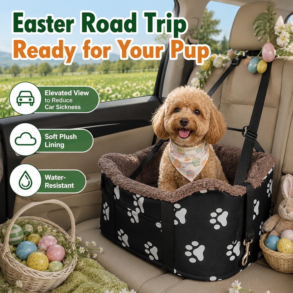 Puppy Portable Pet Booster Car Seat & Center Console Seat - Elevated Dog Car Seat for Small Dogs & Cats, Secure Buckle Pet Booster with Safety Leash, Black & Brown, Perfect for Small Pets