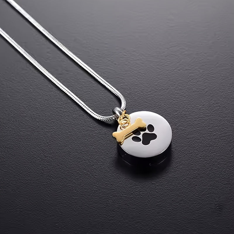 Pet Paw Print Urn Necklace for Ashes - Round Stainless Steel Keepsake Locket Pendant for Dog & Cat Memorial, Cremation Jewelry Ashes Holder for Pet Loss (Silvery)