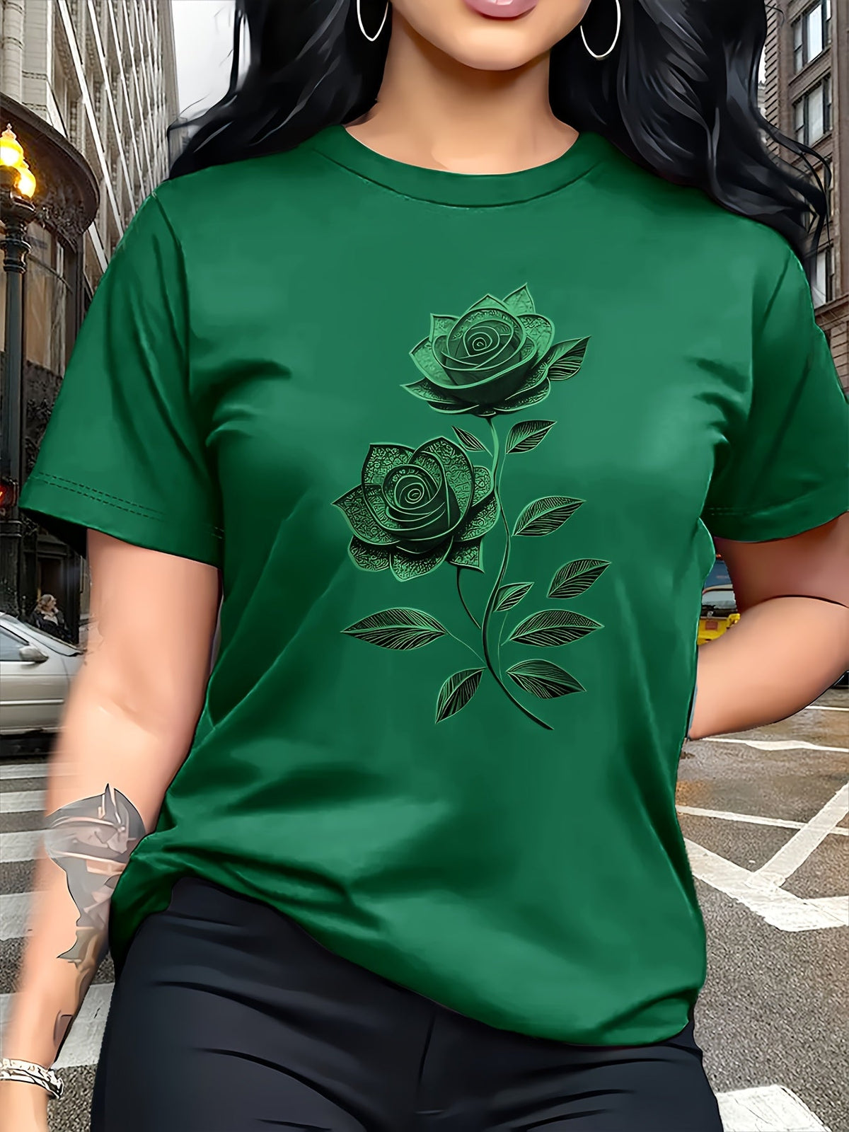 Women's Rose Pattern Crew Neck T-Shirt Elegant Casual Breathable Lightweight Knit Top - Floral Print Short Sleeve Tee for Spring Summer Daily Wear Brunch Outfits
