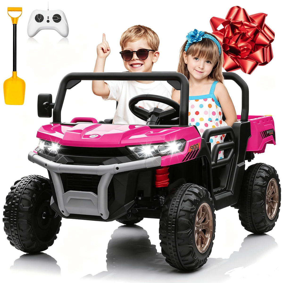 24V Kids Ride-On Dump Truck with Motorized Lifting Bed, Detachable Trailer & Bluetooth Music – Electric Quad Vehicle for Boys & Girls Ages 3-8, Forward/Reverse, Wear-Resistant Wheels