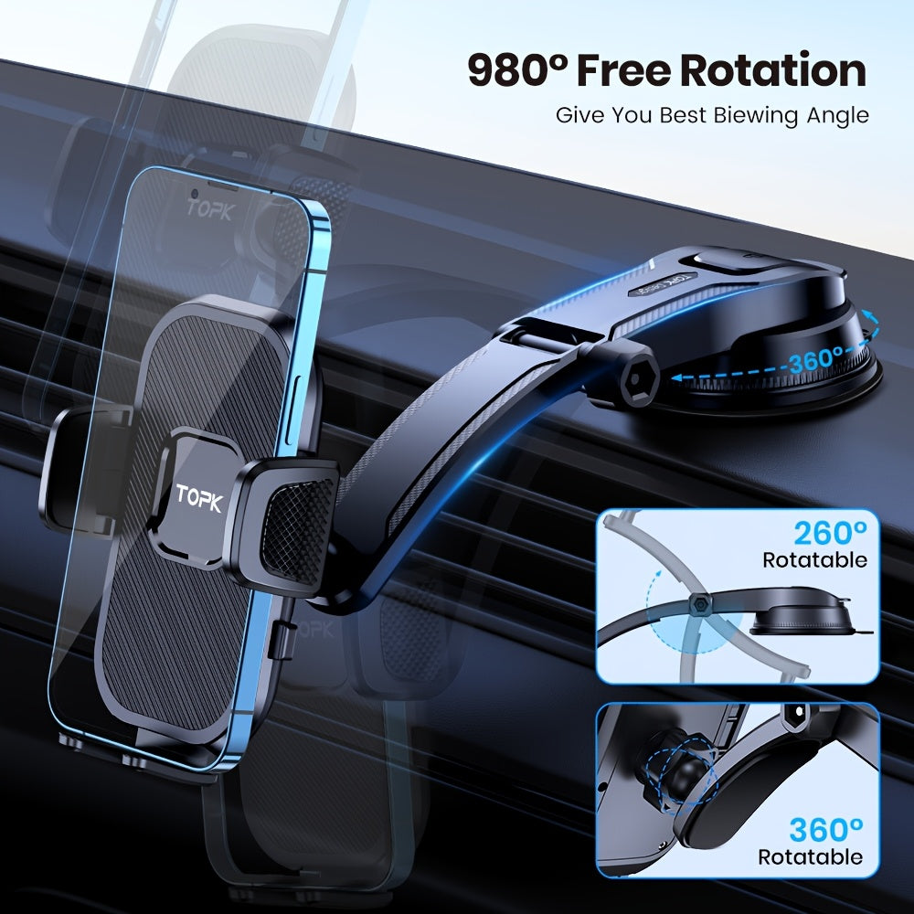 TOPK Upgraded Car Phone Holder Dashboard Mount Universal Hands-Free Cell Phone Car Mount for iPhone 17 16 15 Samsung Galaxy and All Android Smartphones Secure Dash Mount Black
