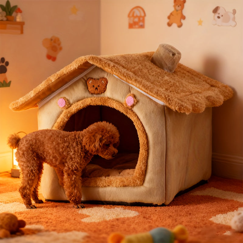 Cute House Dog Bed for Small Dogs - Warm Winter Plush Thick Cushion Pet House Bed for Teddy Chihuahua Pomeranian Bichon Schnauzer Bulldog, Indoor Dog Room Cozy Sleeping Nest