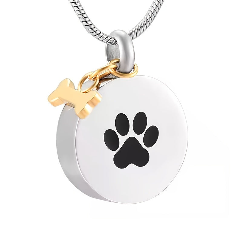 Pet Paw Print Urn Necklace for Ashes - Round Stainless Steel Keepsake Locket Pendant for Dog & Cat Memorial, Cremation Jewelry Ashes Holder for Pet Loss (Silvery)