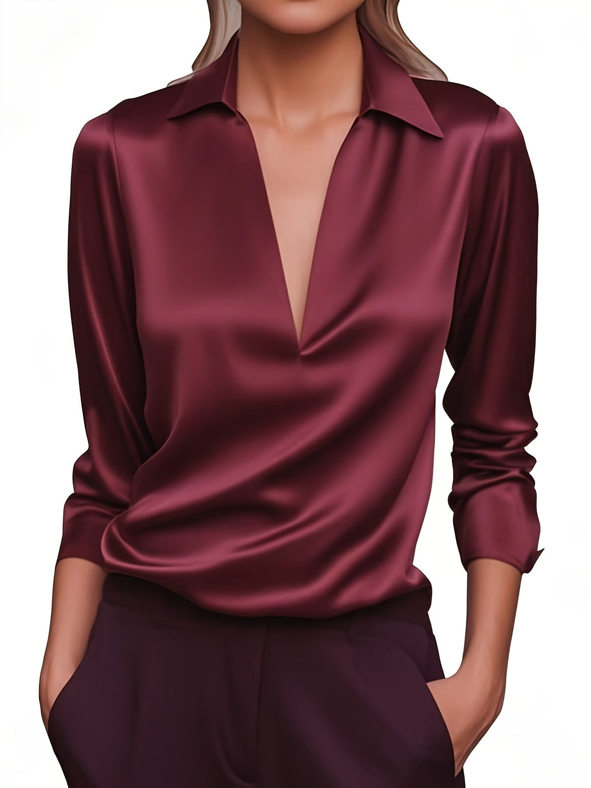 V-Neck Satin Blouse Women Elegant Solid Color Long Sleeve Loose Fit Casual Office Shirt Top S M L XL XXL Multi Color